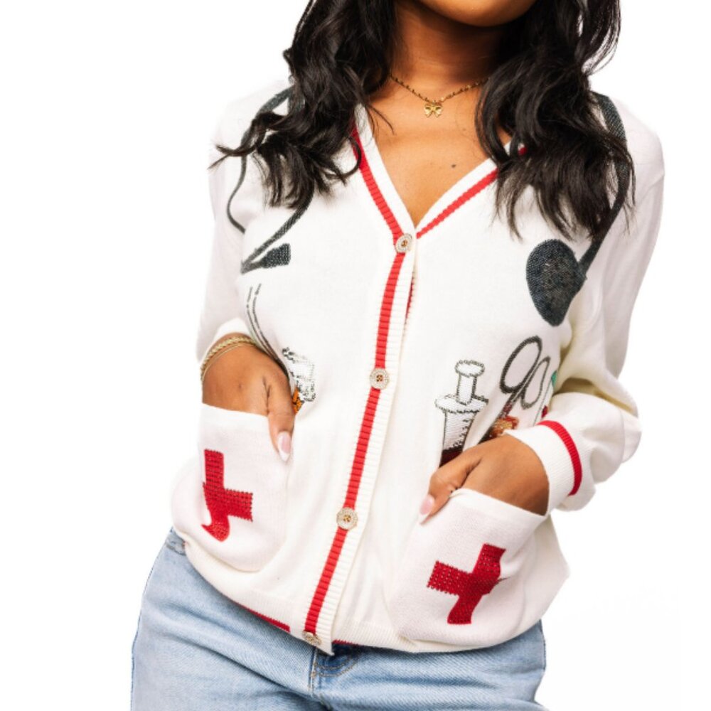 QUEEN OF SPARKLES White Cardigan with Red Trim and Red Pocket Crosses